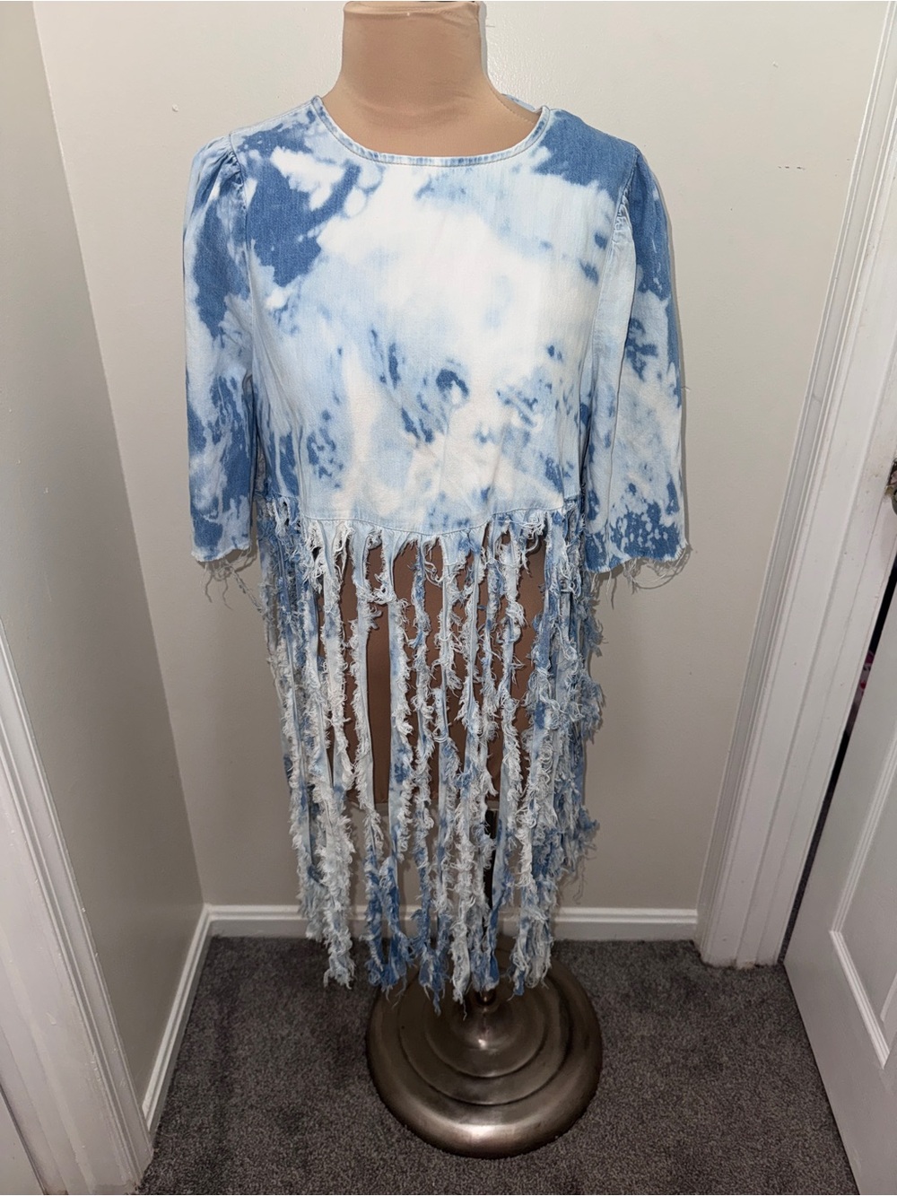 Jean Tie-Dye Blue Fringe Crop Top - Casual Festival Knit